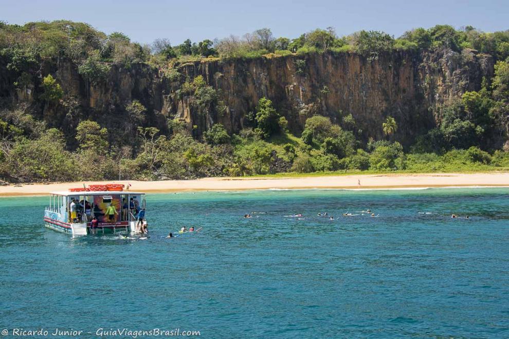 Imagem de turistas mergulhando em alto mar.